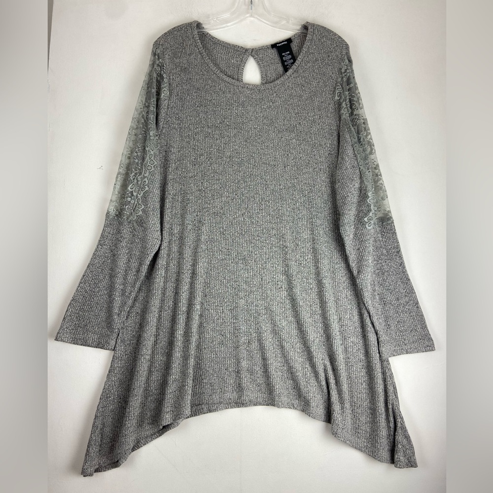 "Premise" Women's Top Tunic Waffle Knit Lace Sleeve Stretch Gray XL (731)